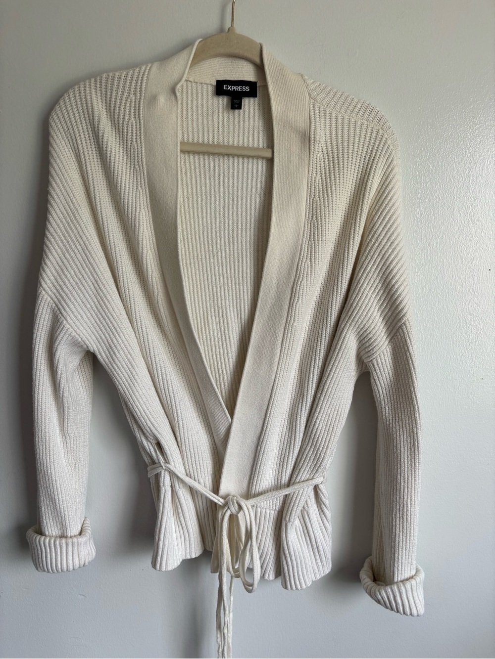 Express Women's Cream Neutral Ribbed Wrap Sweater Cardigan Size Large